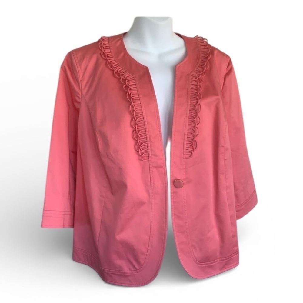 Talbots Women jacket, women's 14W petite, peach, cropped, looped trim. Euc